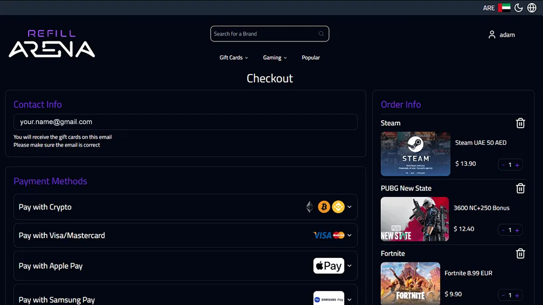 refillarena gift card step 3. Select Payment method & check out 