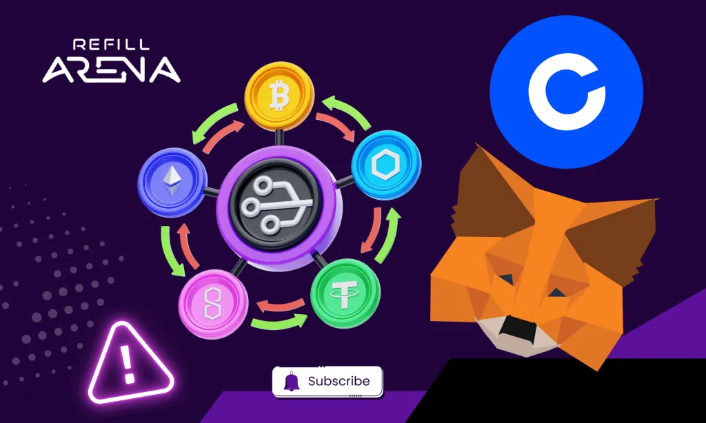 How you can change networks in MetaMask and Coinbase Wallet | A graphic with various cryptocurrency icons connected in a circle, including Bitcoin, Ethereum, and Tether, with logos of Coinbase and MetaMask,