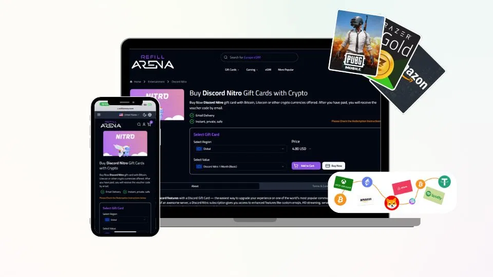 A laptop and smartphone display the Refill Arena website for buying Discord Nitro gift cards with crypto. Also shown are digital gift cards for Amazon, Razer Gold, and PUBG Mobile, plus icons of various cryptocurrencies. found at Refillarena