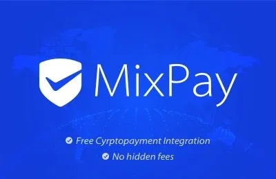 Blue background with the MixPay logo, a white shield with a checkmark, and the text: 