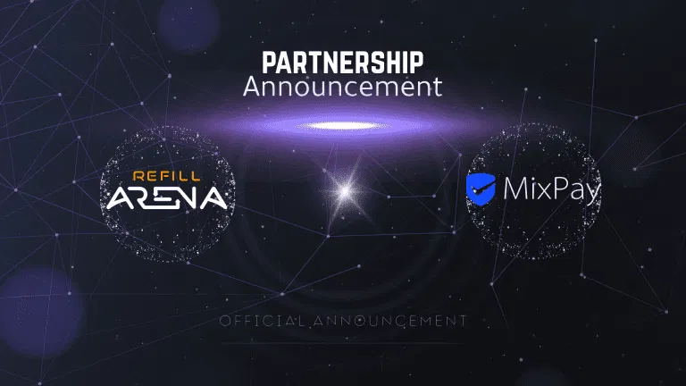 A digital graphic with the text “PARTNERSHIP Announcement” at the top, featuring the Refill Arena and MixPay logos on each side, connected by network-like lines and a glowing central light. “Official Announcement” appears at the bottom. found at Refillarena