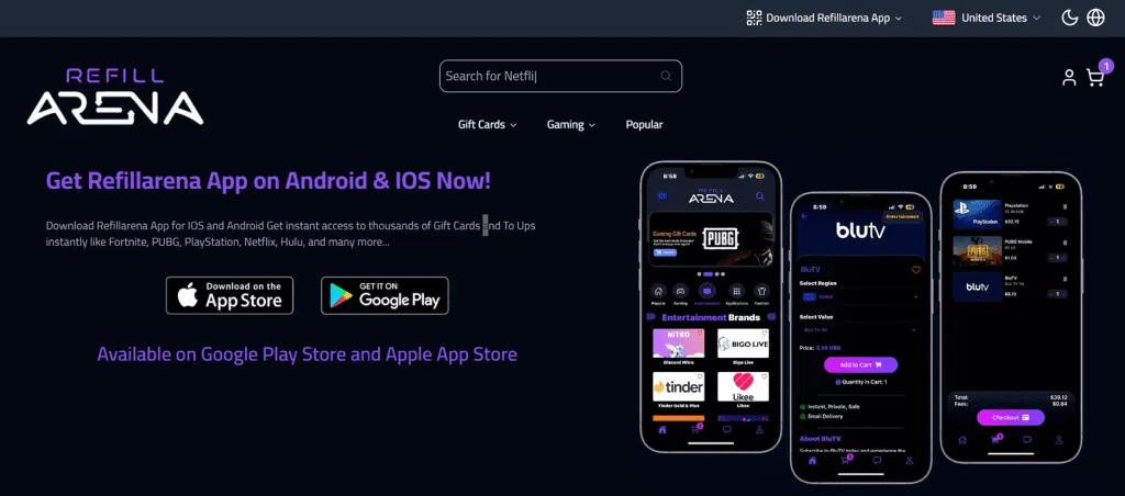 Screenshot of Refillarena's website homepage showing a dark-themed interface, promotion to download the Refillarena app on Android and iOS, and images of three smartphones displaying the app's gift card features. found at Refillarena